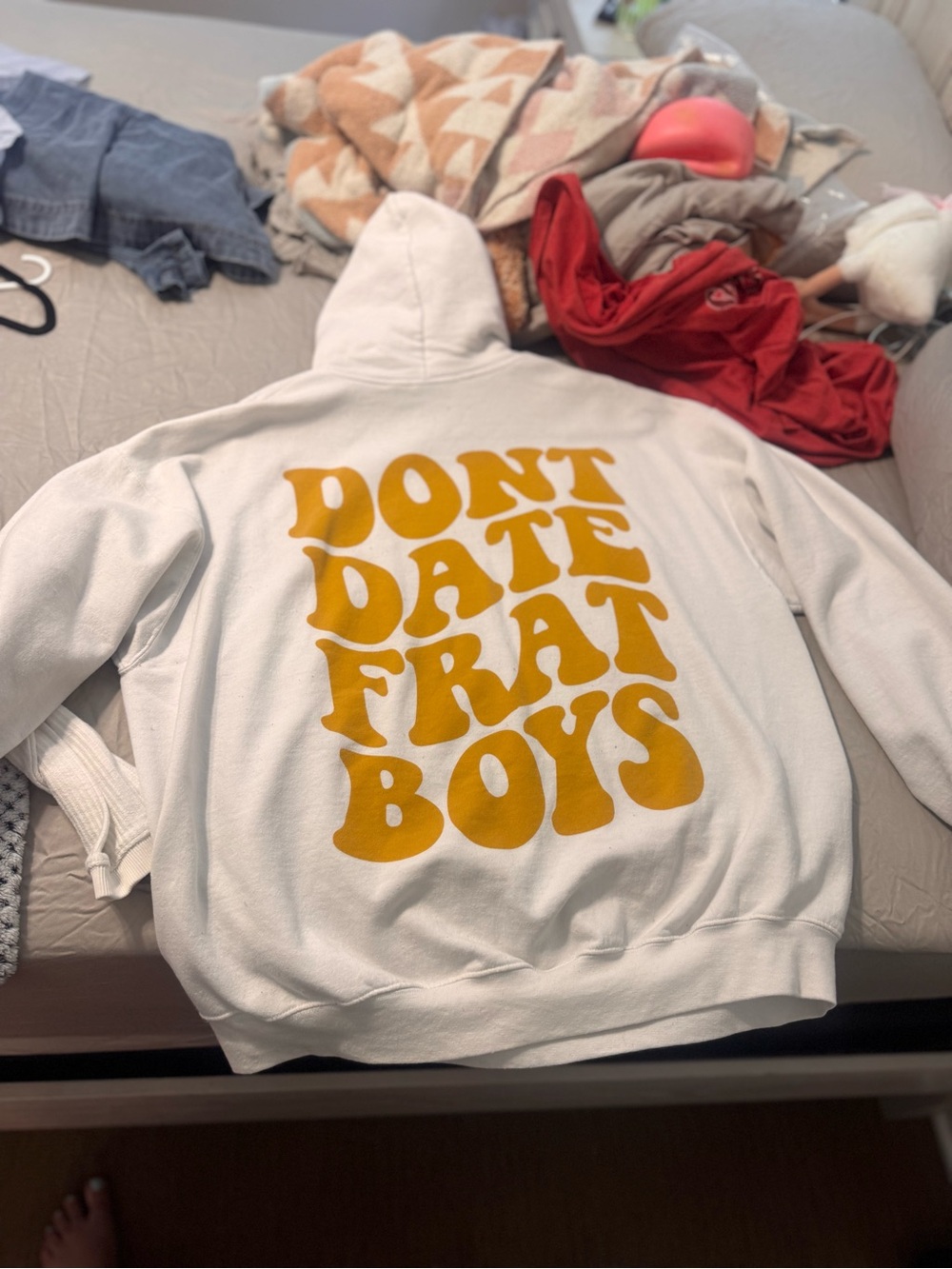 Gildan White Hoodie with Mustard Yellow Retro Graphic